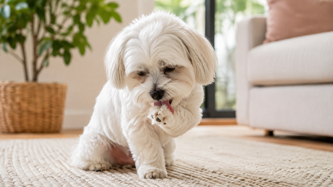 Small white dog licking its paw at home