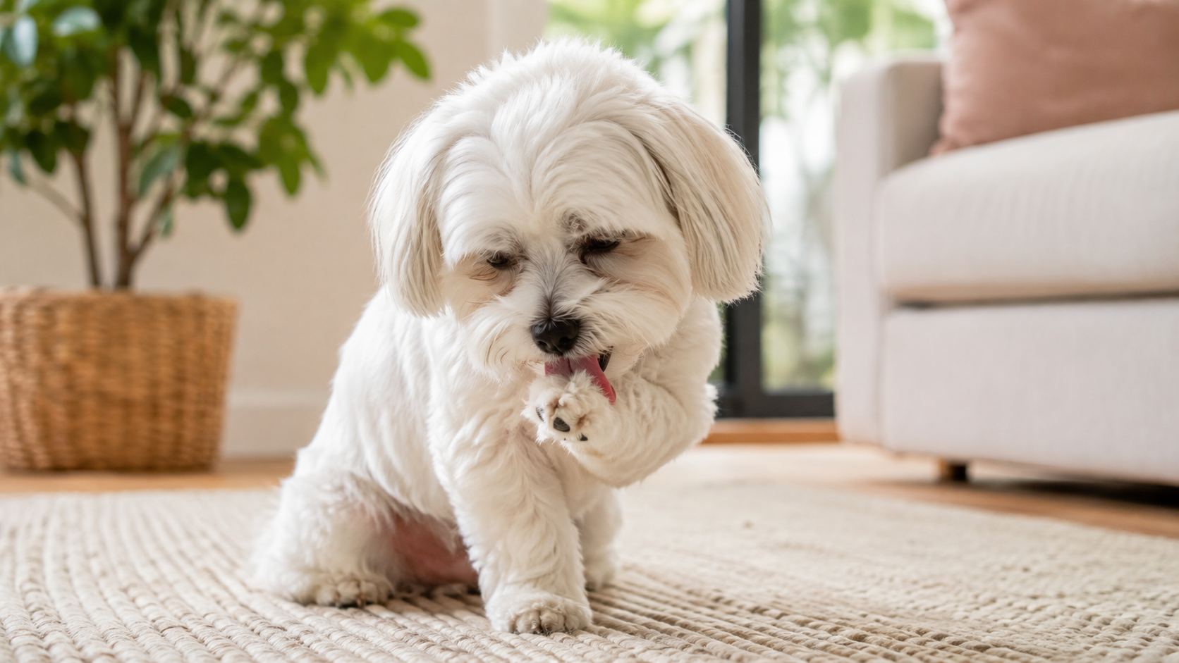 Small white dog licking its paw at home