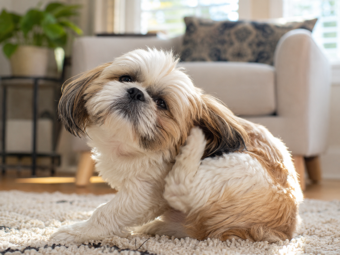 Small Shih Tzu scratching behind its ear at home