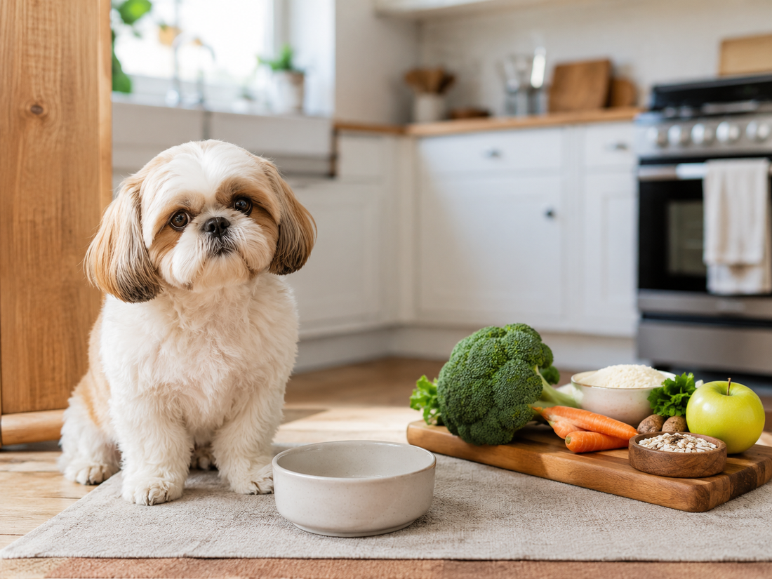 Small dog in a bright kitchen beside a food bowl and fresh ingredients