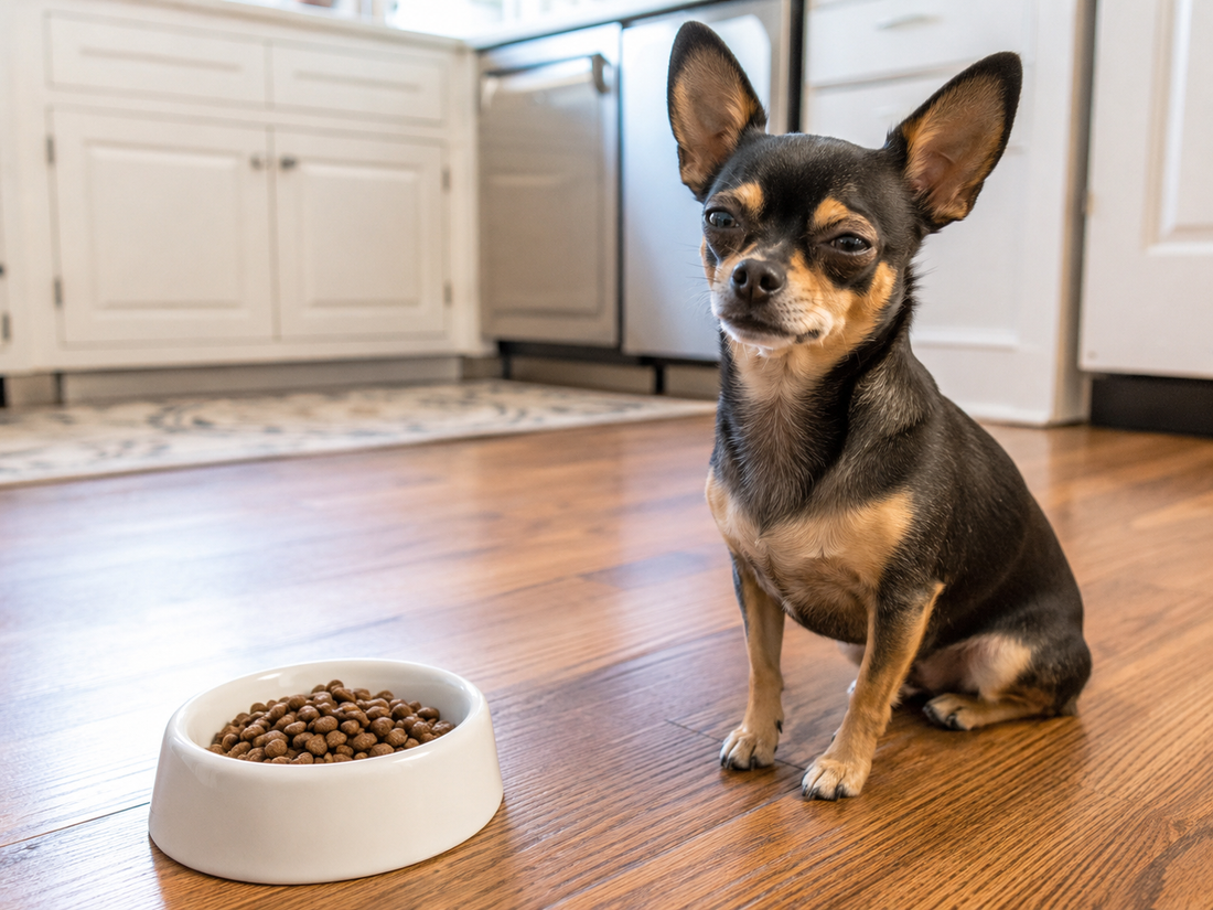 Picky Chihuahua sitting beside a bowl of dog food